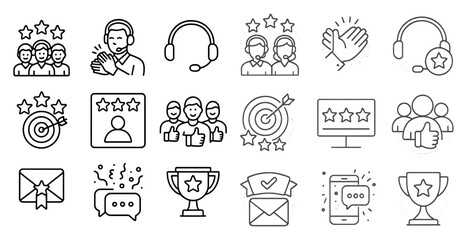 Collection of icons that represent different aspects of a business or organization. The icons include a trophy, a star, a smiley face, a thumbs up, and a person with a headset