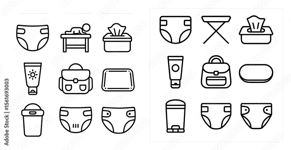 Aufkleber set of baby items including diapers, wipes, and a bottle. the items are arranged in a grid, with eac