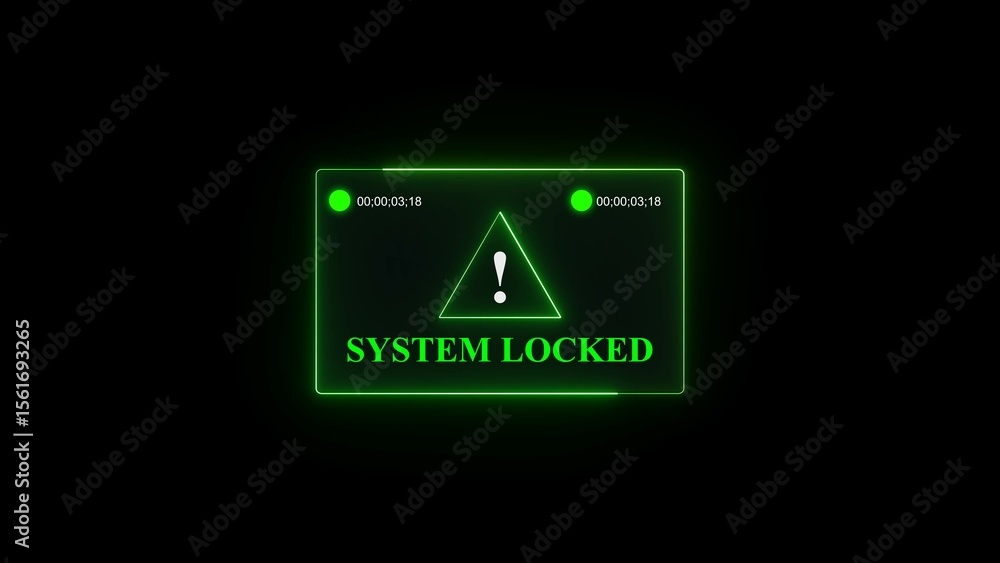 Poster glowing green system locked screen interface with exclamation mark symbol on a black background repr