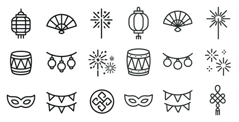 Collection of black and white icons that represent various cultural symbols and decorations. The icons include lanterns, fans, drums, and masks. Scene is celebratory and festive