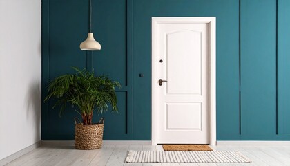 Modern Teal Room Interior with a White Door and Plant