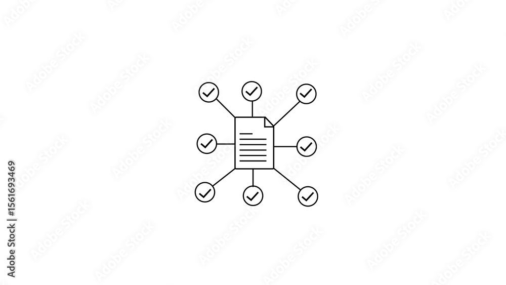 Poster document verification and approval workflow illustrated with checkmarks and connected lines on white