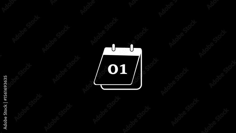 Poster minimalist white calendar icon displaying date one on a black background suitable for design and com