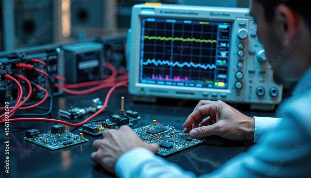 Poster engineer analyzes signal data digital oscilloscope in tech lab. circuit board electronic component t