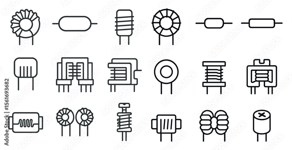 Poster collection of electronic components are shown in a black and white style. the components include res