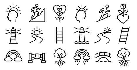 Series of icons depicting various outdoor activities and natural elements such as trees, lighthouses, and bridges