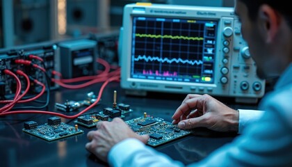 Engineer analyzes signal data digital oscilloscope in tech lab. Circuit board electronic component testing measurement, research. Hardware, software tech, innovation, modern technology. Electronics