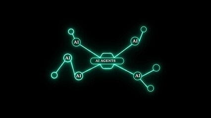 Ai agents interconnected network illustrating data flow and artificial intelligence technology concept on black background
