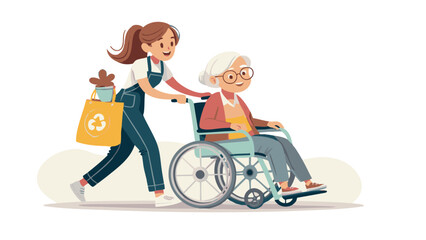 Young Caregiver Assisting Elderly Woman in Wheelchair Vector Illustration
