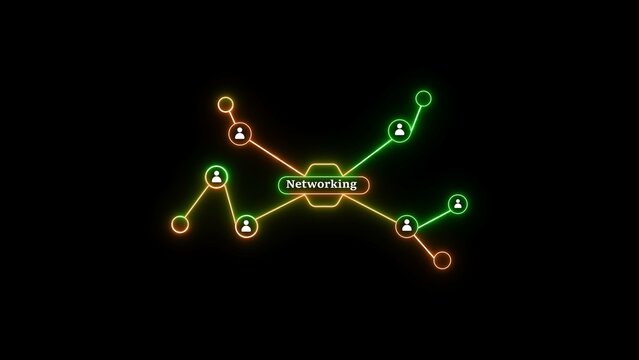Neon illustration representing network connections and social interaction against a dark background featuring glowing lines and icons