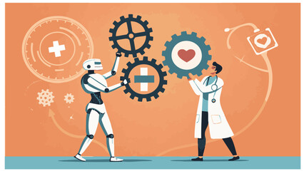 Healthcare Robot and Human Doctor Working Together Vector Illustration