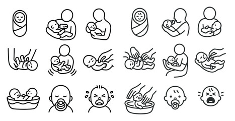 Series of black and white drawings of a baby being held by a parent. The drawings show various stages of the baby's life, including being held, being fed, and being put to sleep