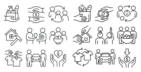 Series of icons depicting various acts of kindness and generosity. The icons include people holding hands, giving money, and helping others. Scene is one of warmth and compassion