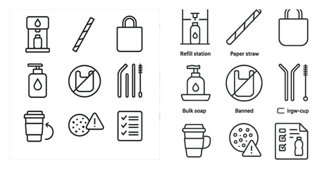 Fototapeta premium Set of icons for a coffee shop. The icons include a cup, a cookie, a straw, a bag, a bottle, a soap dispenser, and a paper towel dispenser. The icons are arranged in a grid