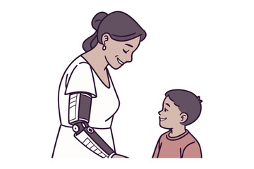 Robotic arm and kid: A mother with robotic arm and son smile each other, showing care and emotion and bond