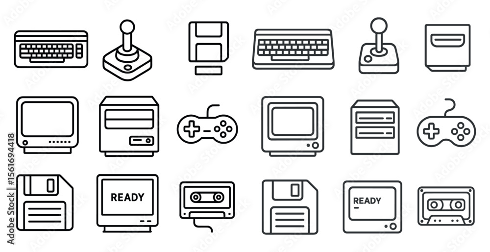 Fototapete Set of icons for various video game controllers and devices. The icons are all in black and white and include a joystick, a keyboard, a game controller, and a floppy disc. Scene is nostalgic