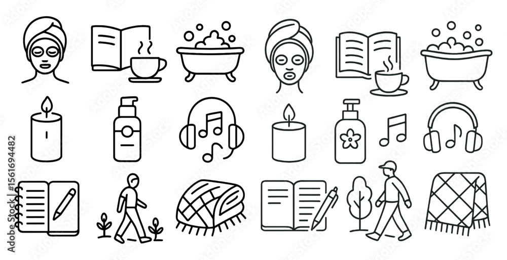 Poster collection of icons for various activities, including reading, bathing, and listening to music. the 