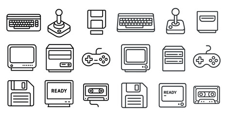 Set of icons for various video game controllers and devices. The icons are all in black and white and include a joystick, a keyboard, a game controller, and a floppy disc. Scene is nostalgic © Tanya