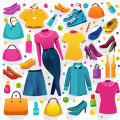 fashion flat lay with bold, saturated clothing items and accessories on a vibrant background