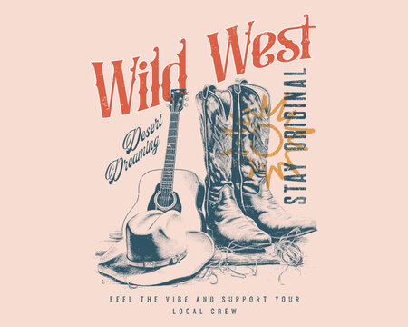 Western rodeo vintage cowboy hat cap vector with typography design, Cowboy western and wild west theme. Hand-drawn vector. beautiful pattern for fashion design vector illustration, Arizona desert