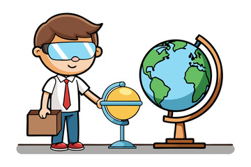 Young explorer and globe concept: A cheerful young explorer, immersed in a virtual world using augmented reality glasses, stands before a globe, embodying the spirit of discovery and exploration.
