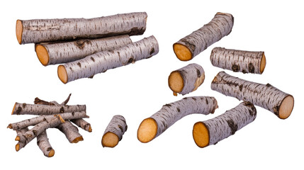 Pile of birch logs and scattered pieces of wood, cut out transparent