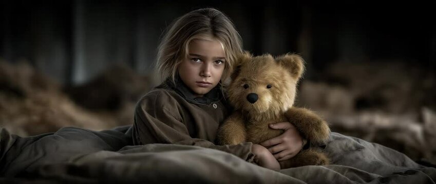 Girl with Teddy Bear: A solemn child clutches a worn teddy bear, her gaze conveying a mix of innocence and concern, evoking a sense of heartfelt sincerity