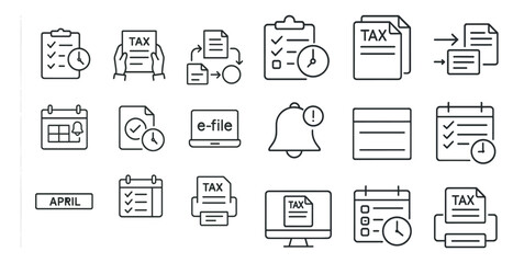 Set of icons for tax-related tasks. The icons include a calendar, a laptop, a paper, a clock, and a bell