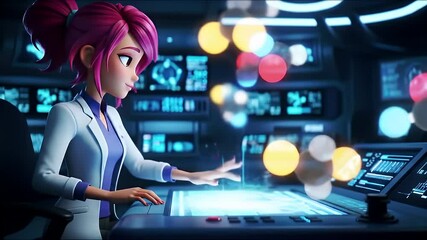 Animated Female Scientist in Futuristic Control Room