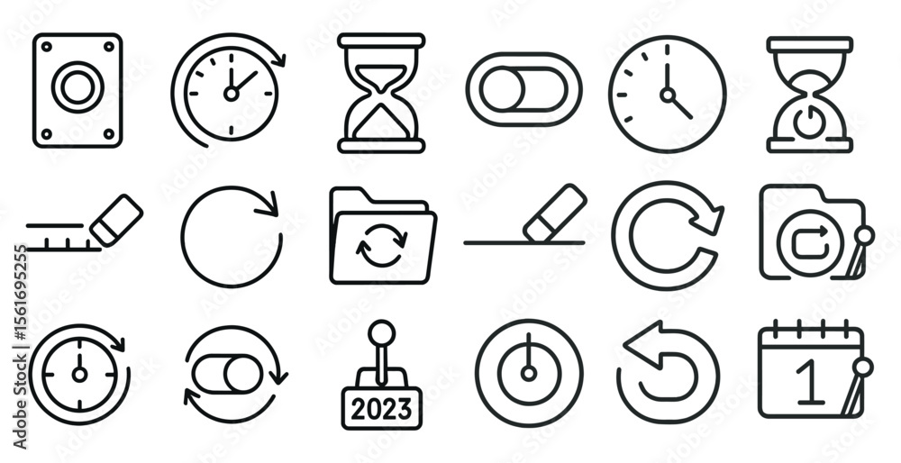 Poster collection of icons that include a clock, a calendar, and a scale. the icons are all in black and wh