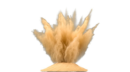 Dynamic beige sand explosion, pile of granulated powder, cut out transparent
