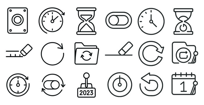 Collection of icons that include a clock, a calendar, and a scale. The icons are all in black and white and are arranged in a grid