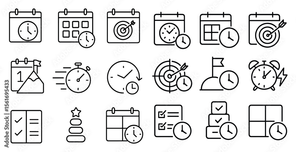 Poster set of white and black icons that represent different time-related concepts. the icons include clock