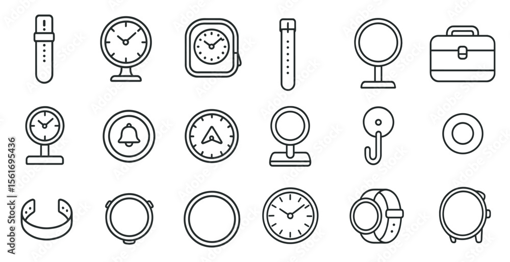 Poster collection of clocks and watches in a line. the clocks are of various sizes and shapes, and the watc