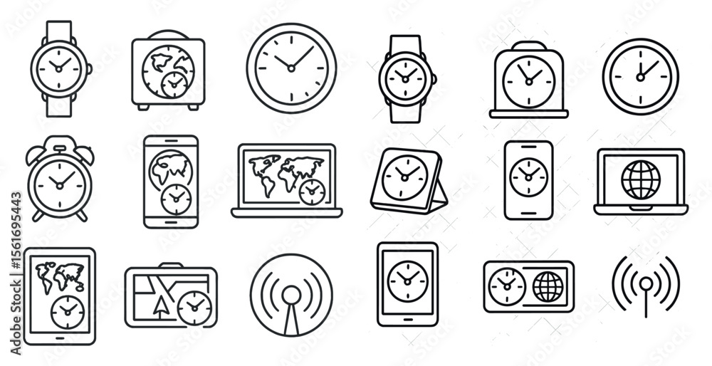 Poster collection of clocks and watches in various sizes and styles. the clocks and watches are all lined u