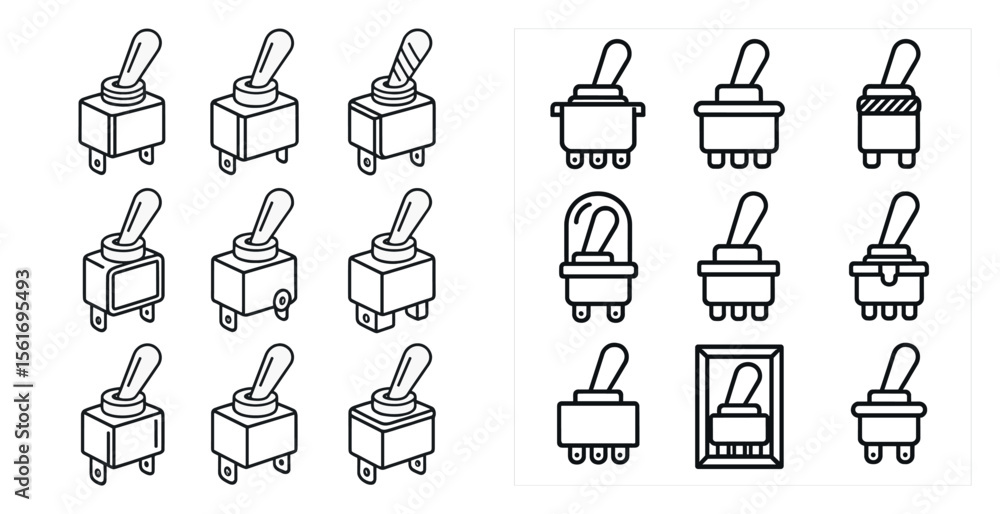 Poster set of light switches are shown in two different styles. the first style is a grid of switches, whil