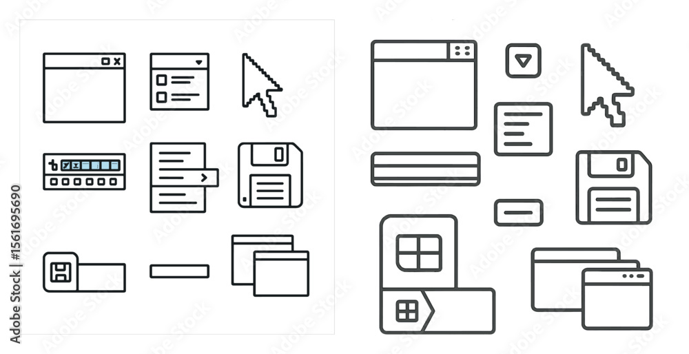 Poster collection of icons for a computer desktop. the icons include a mouse, a floppy disk, a cd, a keyboa