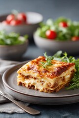 Delightful Greek moussaka layered with beef and béchamel, served with a fresh vegetable salad