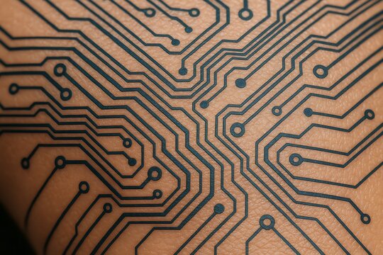 Macro photo of synthetic artificial skin printed with digital circuit paths, advanced prosthetics concept