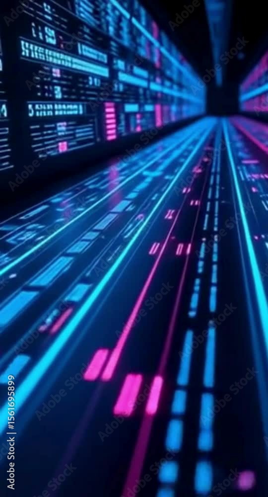 Poster abstract neon data stream visualization with blue and pink lines and information