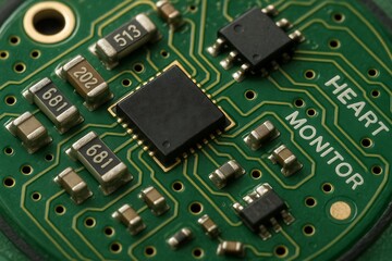 Macro image of internal PCB from a smart wearable heart monitor, resistors and chips in sharp detail