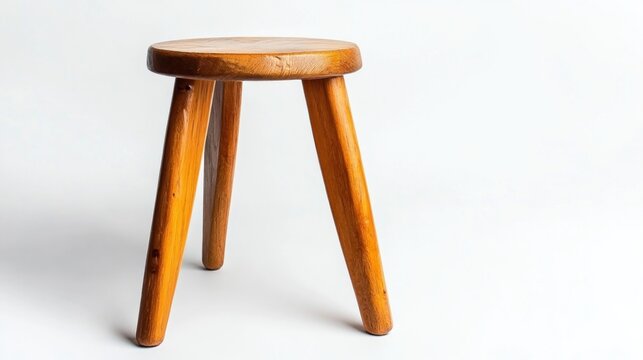 Wooden stool with round seat and three legs on white background