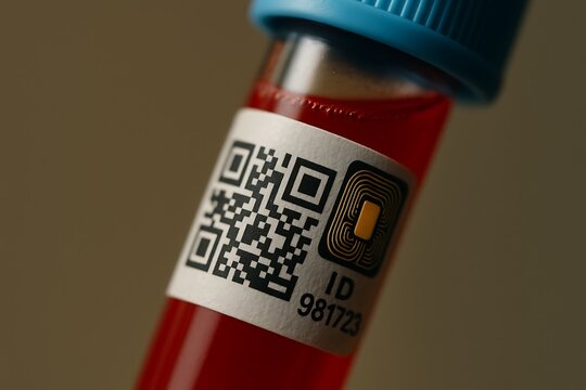 AI Blood Vial with QR Tag and Digital ID Chip, Futuristic Medical Technology Concept