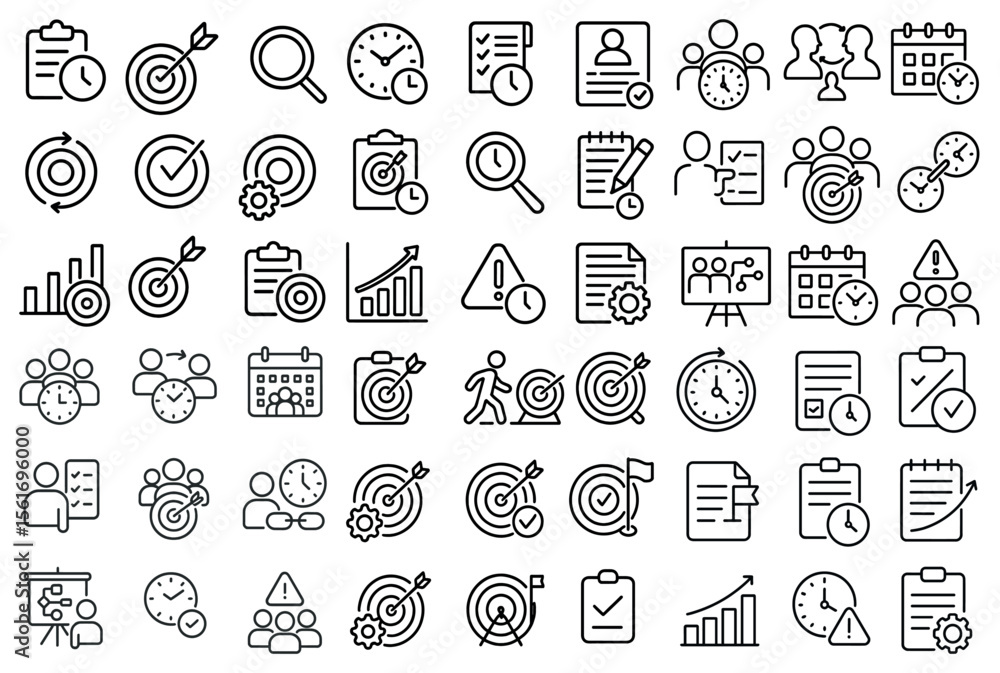 Aufkleber collection of icons for various tasks and goals, including a clock, a person with a goal, and a pers