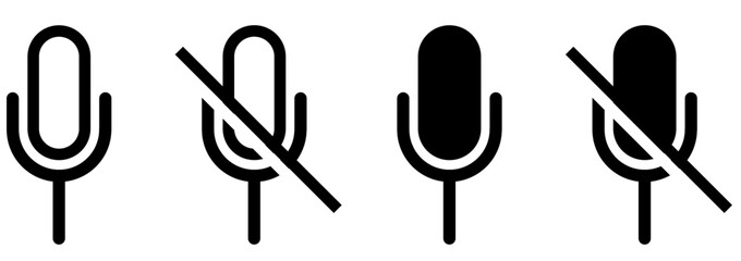 set of outline  and vector icons showing microphone and muted microphone. minimal black line symbols for audio, voice input, podcast, mute and sound settings. icons, vector, symbols.