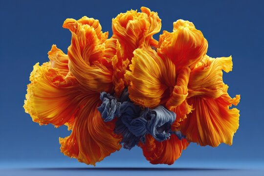 Abstract cluster of swirling orange and blue fabrics