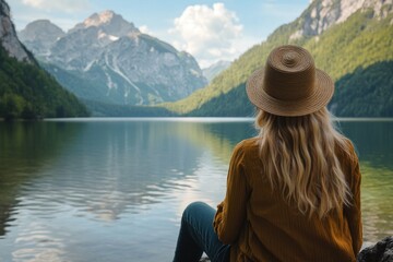 Fototapeta premium Mindful travel moment, woman gazing across mountain lake, nature surrounding her