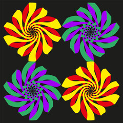 Triadic chromatic ornament. Psychedelic whirlpool symbol. Vibrant petal Vector. Clustered kaleidoscopic ornamentation.