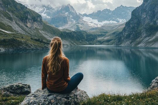 Mindful travel moment, woman gazing across mountain lake, nature surrounding her