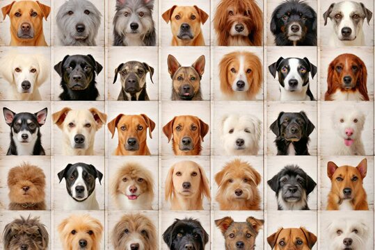 Many dogs of different breeds looking at camera